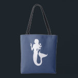 Bolsa Tote tema MERMAID náutico agudo |<br><div class="desc">Este padrão bonito e divertido com um simples desenho sombreado de uma sereia adiciona um personagem eclético ao seu guarda-roupa! | IMAGEM DE FORMA DE MERMAID DE SILHOUETTE BRANCA SÓLIDA E DIVERTIDA NUM FUNDO AZUL TROPICO SÓLIDO | VIDA DO MAR PARA BRANCOS | OCEANO | PRAIA | DIVERSÃO | VERÃO...</div>