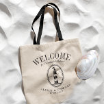 Bolsa Tote Tema Preto Personalizado do Farol de Vintage bem-v<br><div class="desc">Um conjunto único de sacos de tote personalizados, adaptados ao seu estilo de praia ou ao seu casamento de destino. Apresenta um texto de boas-vindas seguido do nome do local ou da pessoa que recebe o saco. Sob isto está um farol de estilo vintage em preto. Todos os elementos do...</div>