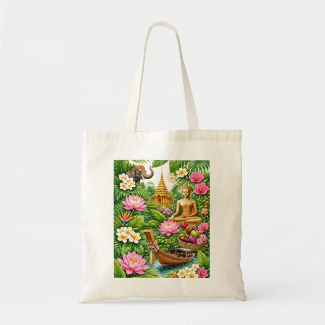 Bolsa Tote Templo Tropical da Tailândia, Elefante, Buda e Lót (Frente)