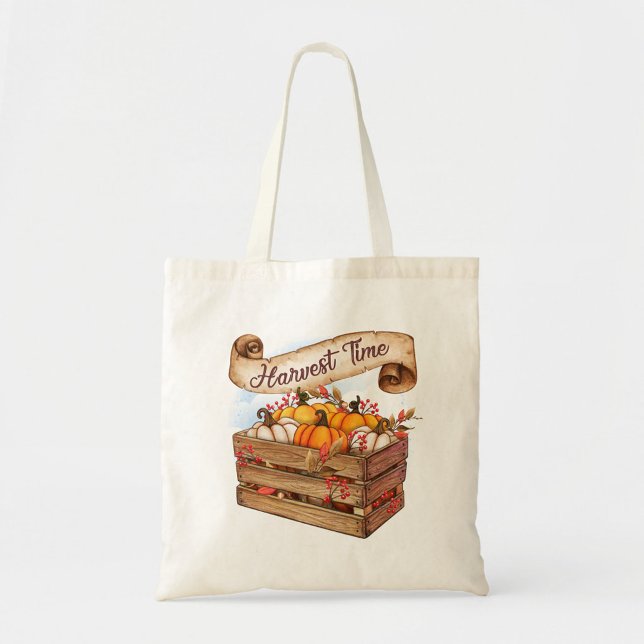 Bolsa Tote Tempo de Colheita (A beautifully designed tote bag featuring a wooden crate filled with vibrant pumpkins!)
