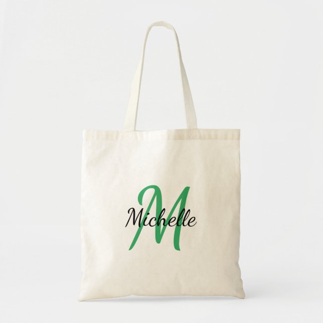 Bolsa Tote Tendência Clássica do Monograma Simples Verde e Pr (Frente)