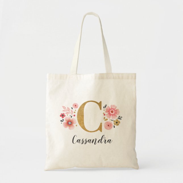 Bolsa Tote Tendência Dourada Monograma inicial Letra "C" Flor (Frente)