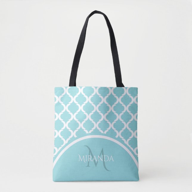 Bolsa Tote Tendência Grande Aqua Quatrefoil Monongrama e Nome (Frente)