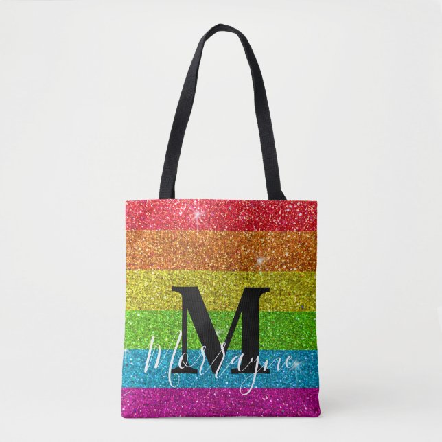 Bolsa Tote Tendência Monograma Orgulho gay LGBTQ Glitter Arco (Frente)