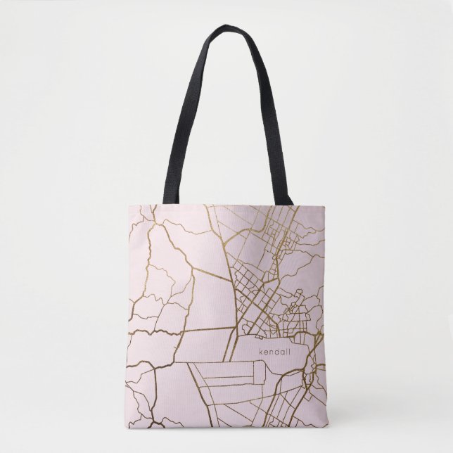 Bolsa Tote Tendência - Rosa Esbranquiçada com Mapa e Nome Dou (Frente)