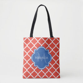 Bolsa Tote Tendência Vermelho Quatrefoil Azul Monograma e Nom
