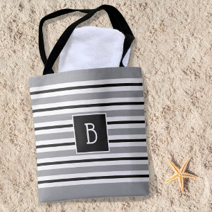 Bolsa Tote Tendy Monogramed Cinza inicial Stripe branco preto
