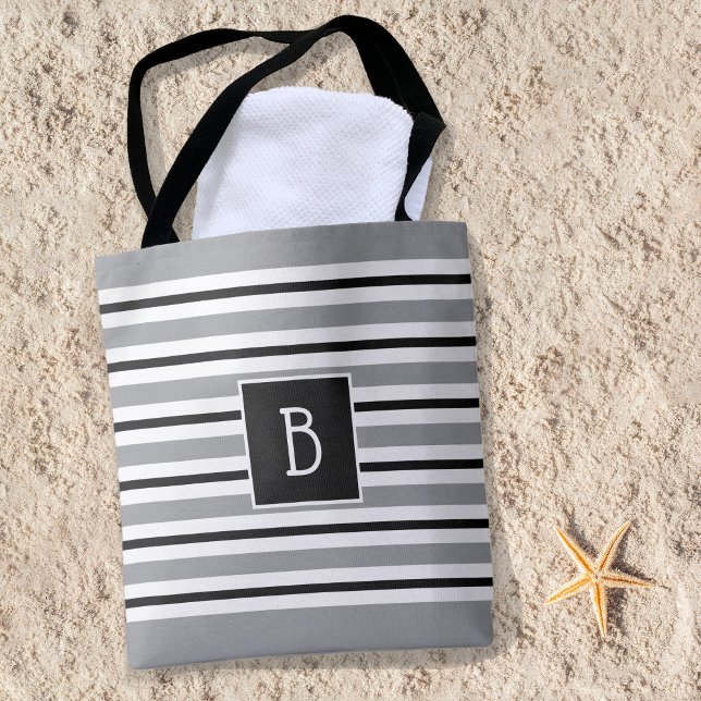 Bolsa Tote Tendy Monogramed Cinza inicial Stripe branco preto (Criador carregado)