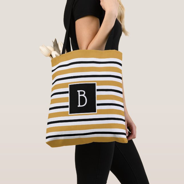 Bolsa Tote Tendy Monogramed Yellow, Black & White Stripe (Close Up)