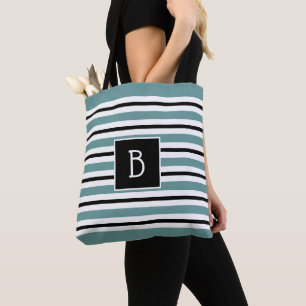 Bolsa Tote Tendy Monogrammed Teal, Black White Stripe