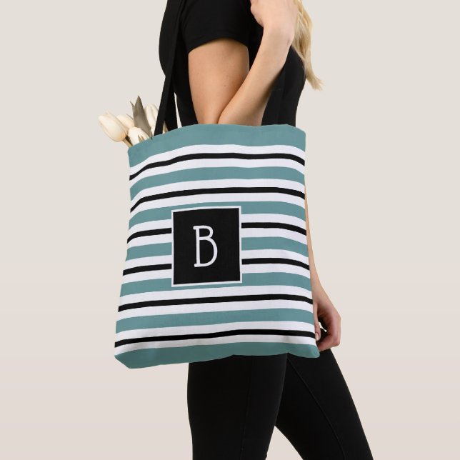 Bolsa Tote Tendy Monogrammed Teal, Black White Stripe (Close Up)