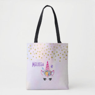 Bolsa Tote Tendy Unicorn com Flores Borboletas e Confetti