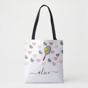Bolsa Tote Tênis Racket Ball & Cute Pink Hearts Girls Name