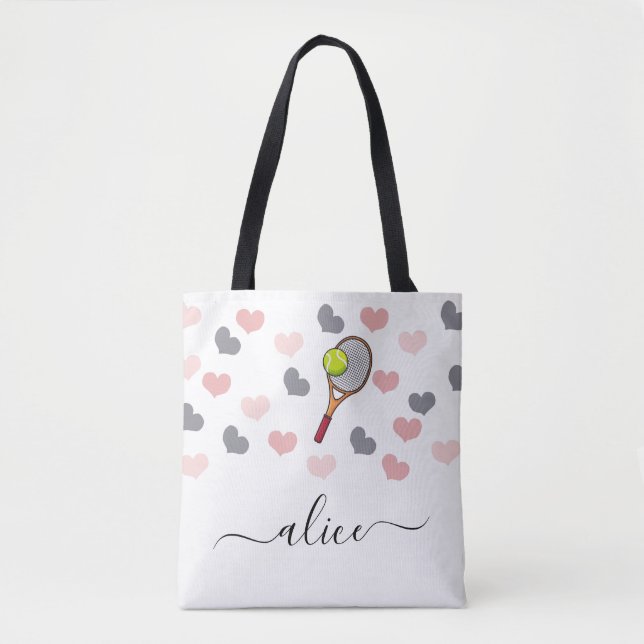 Bolsa Tote Tênis Racket Ball & Cute Pink Hearts Girls Name (Frente)