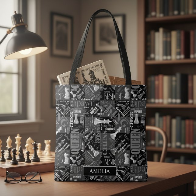 Bolsa Tote Termos e Peças de Xadrez Preto e Branco ID784 (Criador carregado)