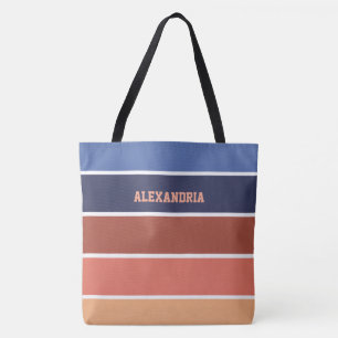 Bolsa Tote Terra Cotta & Listras Azuis Personalizadas