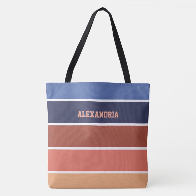 Bolsa Tote Terra Cotta & Listras Azuis Personalizadas (Frente)