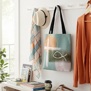 Bolsa Tote Terra dá tons cruzados e peixe arte minimalista