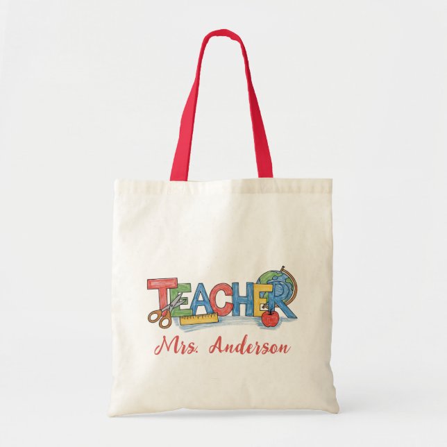 Bolsa Tote Tesoura de Lápis de Apple do Professor de Nome Per (Frente)