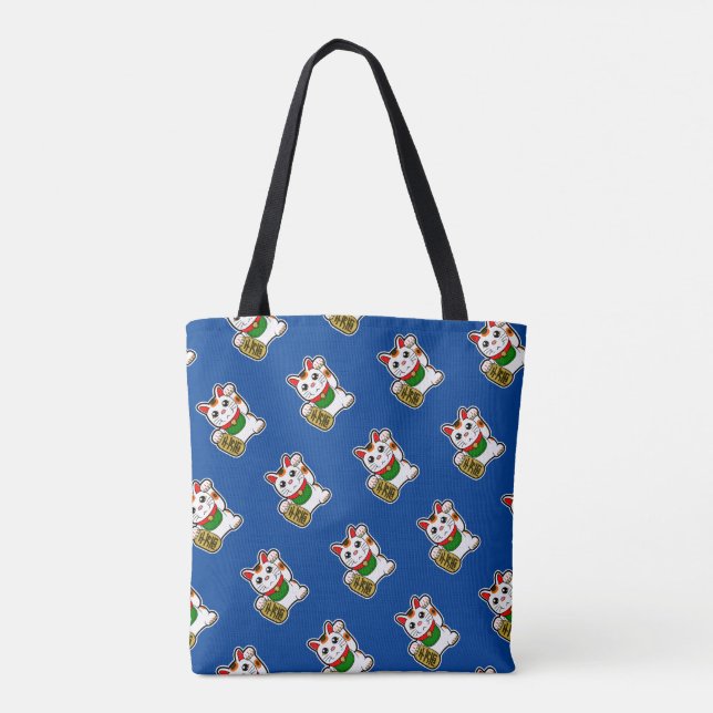 Bolsa Tote Teste padrão afortunado japonês azul do gato (Verso)