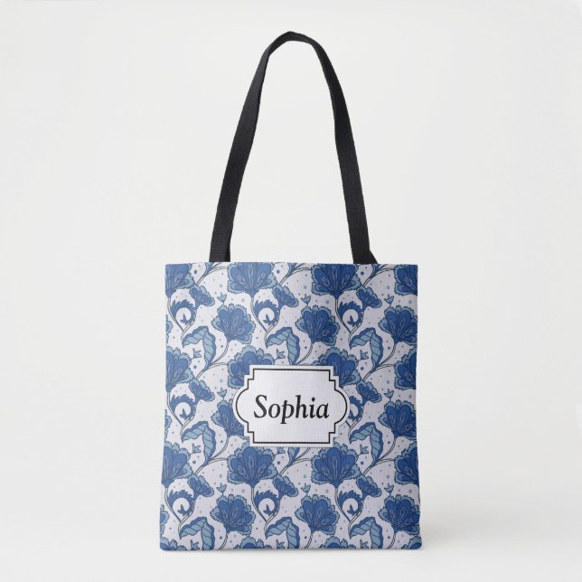 Bolsa Tote Teste padrão azul elegante moderno do batik (Frente)
