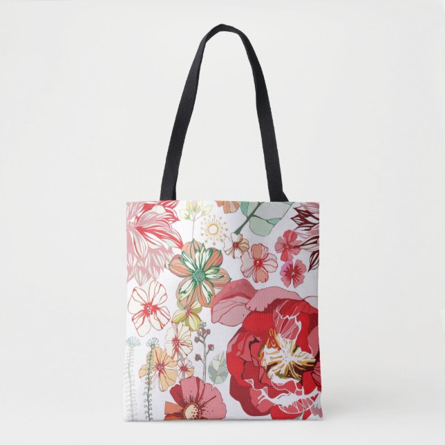 Bolsa Tote Teste padrão com flores vermelhas (Frente)
