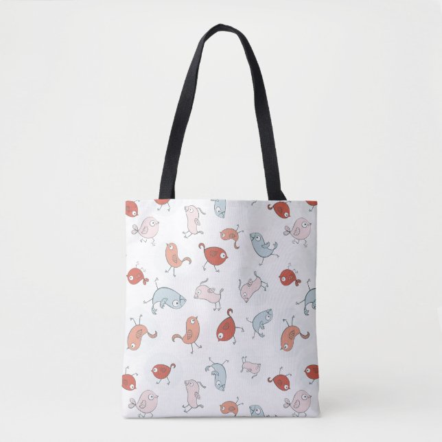 Bolsa Tote teste padrão com pássaros dos desenhos animados (Frente)