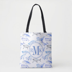 Bolsa Tote Teste padrão da baleia azul da aguarela