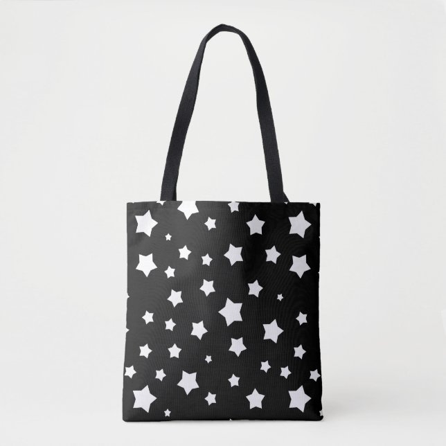 Bolsa Tote Teste padrão de estrelas preto e branco (Frente)