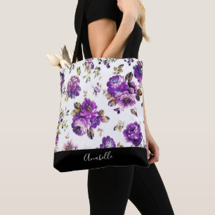 Bolsa Tote Teste padrão de flores roxo com sacola do