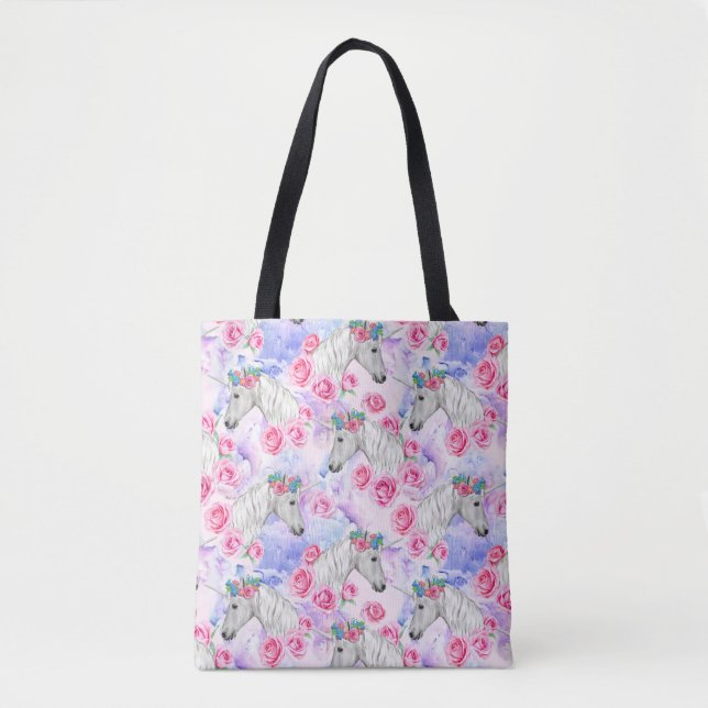 Bolsa Tote Teste padrão dos unicórnios & dos rosas (Frente)