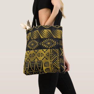 Bolsa Tote Teste padrão dourado africano étnico no preto
