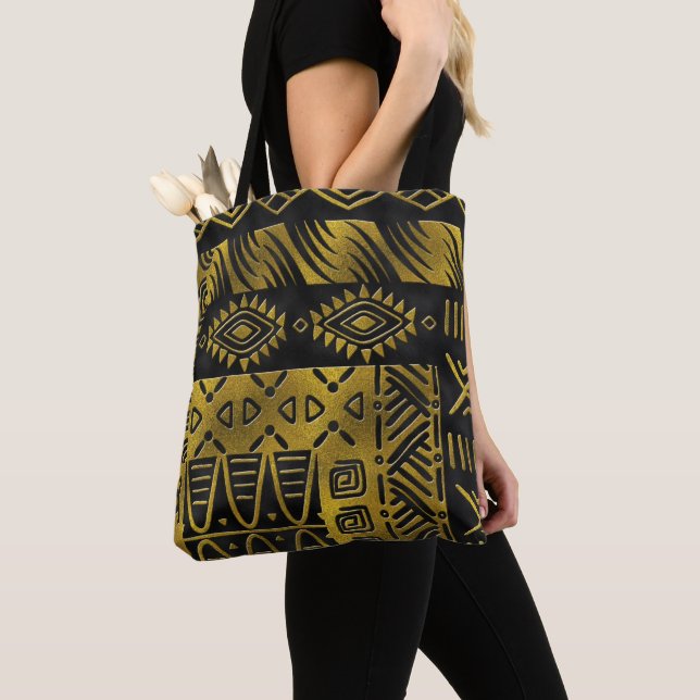 Bolsa Tote Teste padrão dourado africano étnico no preto (Close Up)