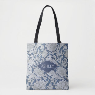 Bolsa Tote Teste padrão floral azul do vintage com monograma