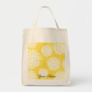 Bolsa Tote Teste padrão floral branco amarelo do monograma