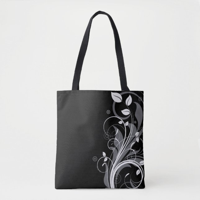 Bolsa Tote Teste padrão floral cinzento no preto (Frente)