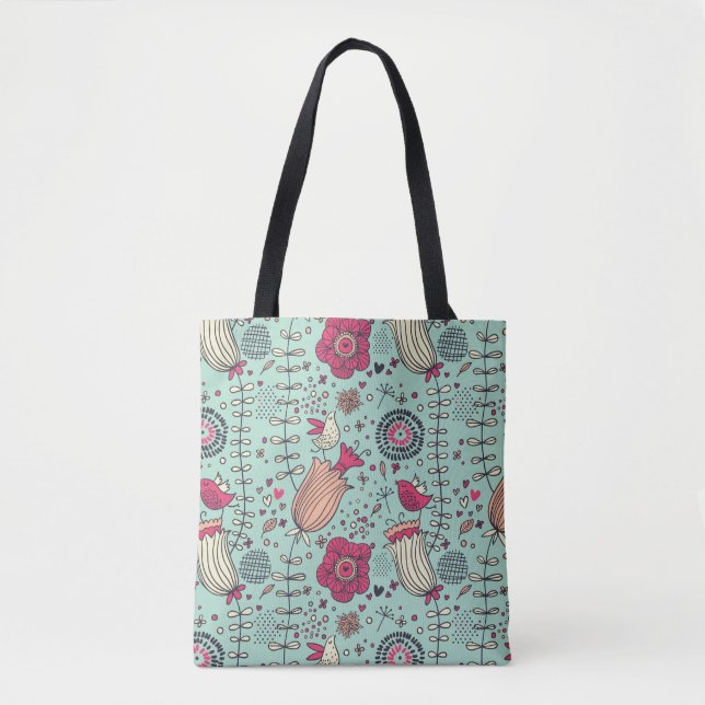 Bolsa Tote Teste padrão floral dos desenhos animados com (Frente)