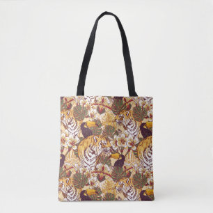 Bolsa Tote Teste padrão floral tropical com tigre
