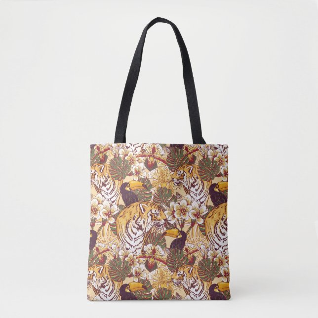 Bolsa Tote Teste padrão floral tropical com tigre (Frente)