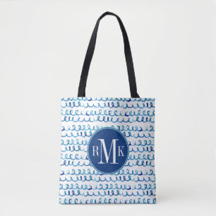 Bolsa Tote Teste padrão ondulado da aguarela azul pintado m