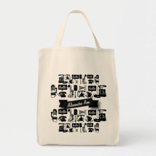 Bolsa Tote Teste padrão preto retro personalizado do telefon
