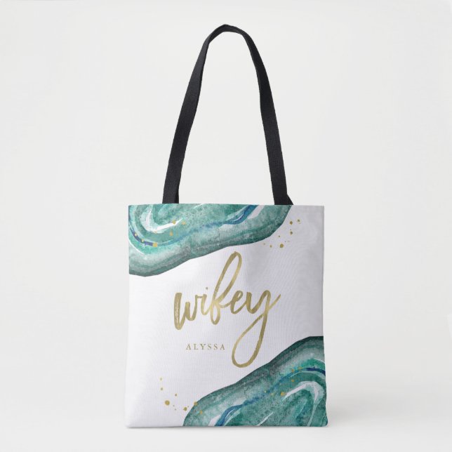 Bolsa Tote Teto de Aquarela e Geodo de Olhar Dourado | Wifey (Frente)