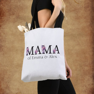 Bolsa Tote Texto da Mamãe Floral Nomes de Crianças Personaliz
