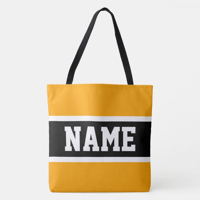 Bolsa Tote Texto das faixas brancas amarelas brancas e escura (Frente)