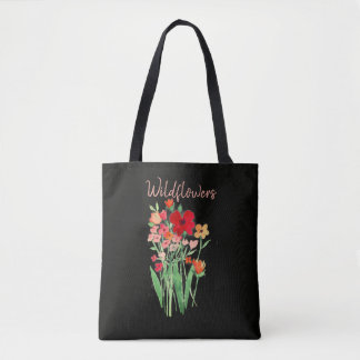 Bolsa Tote Texto de Flores Silvestres Vermelhas e Rosas