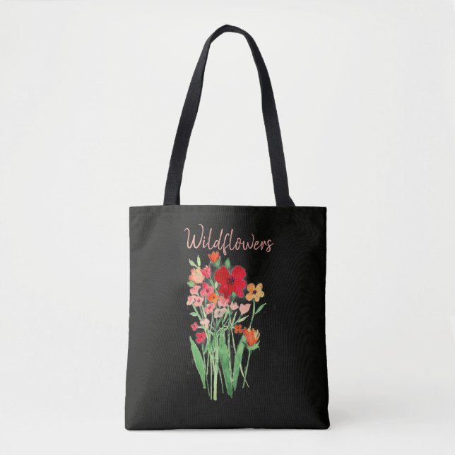 Bolsa Tote Texto de Flores Silvestres Vermelhas e Rosas (Frente)
