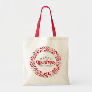 Bolsa Tote Texto de Natal Elegante Vermelho Escuro e Verruga