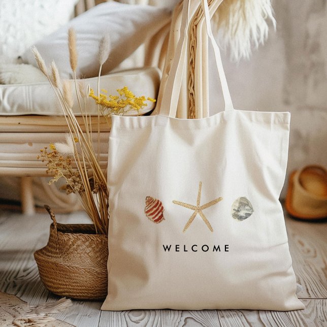 Bolsa Tote Texto Personalizado da Cor de Água Moderna (Watercolor seashells wedding welcome tote bag.)