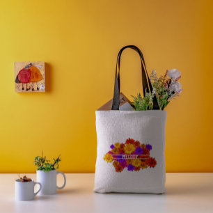Bolsa Tote Texto Personalizado Flores de Hippie Coloridas