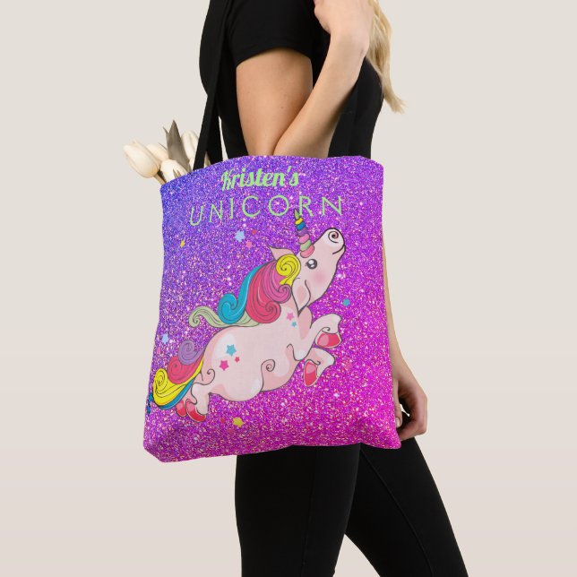 Bolsa Tote Texto Personalizado/ Rainbow Kawaii Unicorn Glitte (Close Up)